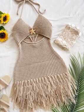 Beige Crochet starfish Halter Fringe Beach Dress